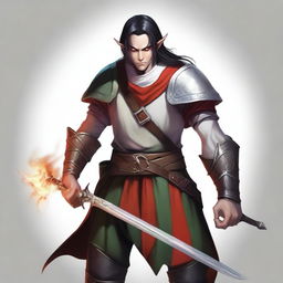 An adult male elf with an angry face, long black hair tied in a ponytail, and red eyes