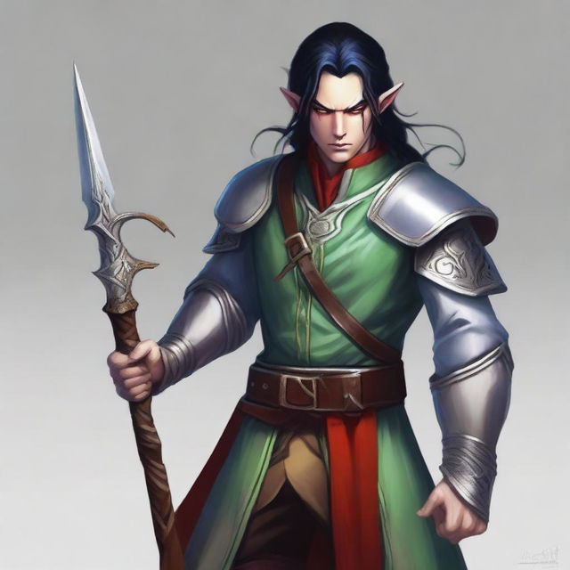 An adult male elf with an angry face, long black hair tied in a ponytail, and red eyes