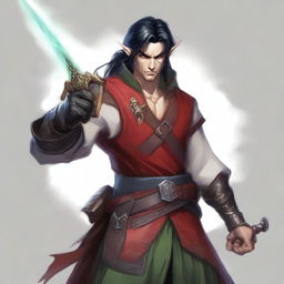 An adult elf with an angry face and long black hair tied in a ponytail, red eyes, and wearing light armor