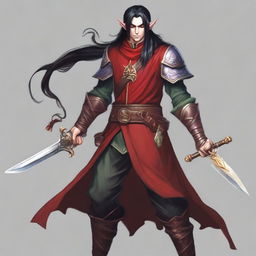 An adult elf with an angry face and long black hair tied in a ponytail, red eyes, and wearing light armor