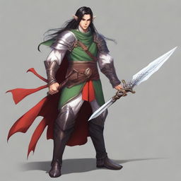 An adult elf with an angry face and long black hair tied in a ponytail, red eyes, and wearing light armor