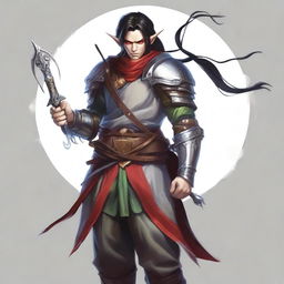 An adult elf with an angry face and long black hair tied in a ponytail, red eyes, and wearing light armor