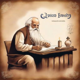 An old book cover featuring an elderly man with long white beards sitting at a rustic desk