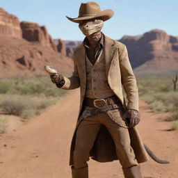 Rattlesnake Jake from Rango, visualized as primarily a human, wearing western cowboy attire. Retaining distinctive snake-like characteristics, like mesmerizing, slitted snake eyes. A perfect blend of human and snake details.