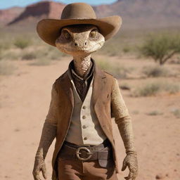 Rattlesnake Jake from Rango, visualized as primarily a human, wearing western cowboy attire. Retaining distinctive snake-like characteristics, like mesmerizing, slitted snake eyes. A perfect blend of human and snake details.