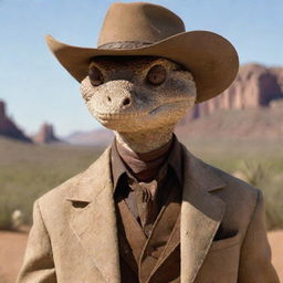 Rattlesnake Jake from Rango, visualized as primarily a human, wearing western cowboy attire. Retaining distinctive snake-like characteristics, like mesmerizing, slitted snake eyes. A perfect blend of human and snake details.