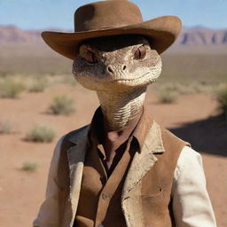 Rattlesnake Jake from Rango, visualized as primarily a human, wearing western cowboy attire. Retaining distinctive snake-like characteristics, like mesmerizing, slitted snake eyes. A perfect blend of human and snake details.