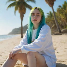 Billie Eilish sitting on a sunny beach, the blue ocean in the background and palm trees surrounding her