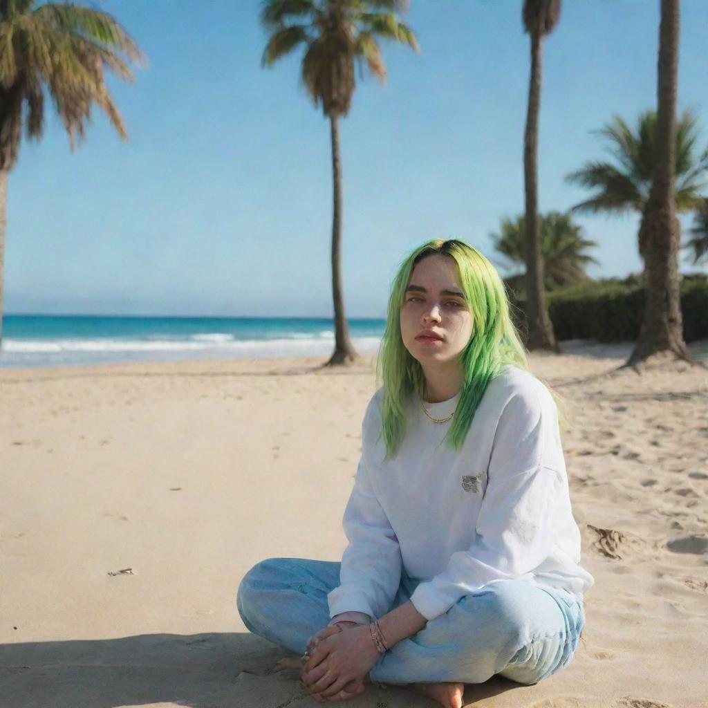 Billie Eilish sitting on a sunny beach, the blue ocean in the background and palm trees surrounding her