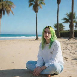 Billie Eilish sitting on a sunny beach, the blue ocean in the background and palm trees surrounding her