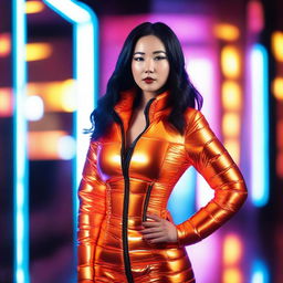 A stylish Asian woman wearing a tight, shiny orange puffer corset, posing confidently in a modern urban setting with vibrant neon lights