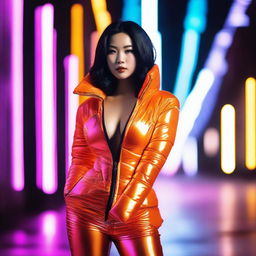 A stylish Asian woman wearing a tight, shiny orange puffer corset, posing confidently in a modern urban setting with vibrant neon lights