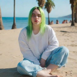 Billie Eilish sitting on a sunny beach, the blue ocean in the background and palm trees surrounding her