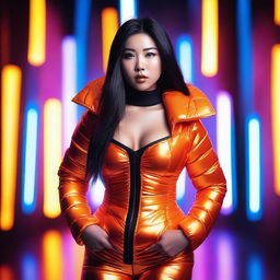 A fashionable Asian woman wearing a tight, shiny orange puffer corset, posing confidently