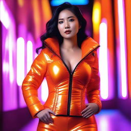 A fashionable Asian woman wearing a tight, shiny orange puffer corset, posing confidently