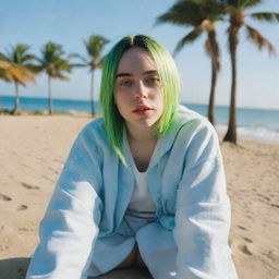 Billie Eilish sitting on a sunny beach, the blue ocean in the background and palm trees surrounding her