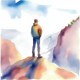 Create a watercolor drawing of a guy standing on a cliff