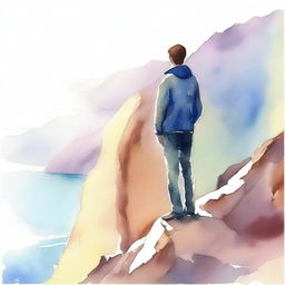 Create a watercolor drawing of a guy standing on a cliff