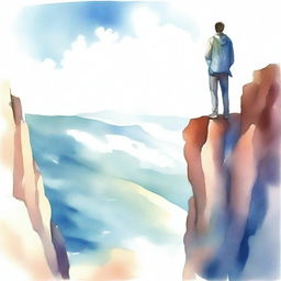 Create a watercolor drawing of a guy standing on a cliff