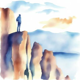 Create a watercolor drawing of a guy standing on a cliff