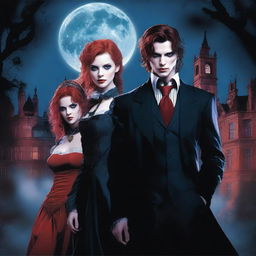 Two identical twin vampire brothers, one in a tailored suit with piercing red eyes, the other in rugged leather with intense blue eyes, flank a red-haired human female in a tattered maid costume