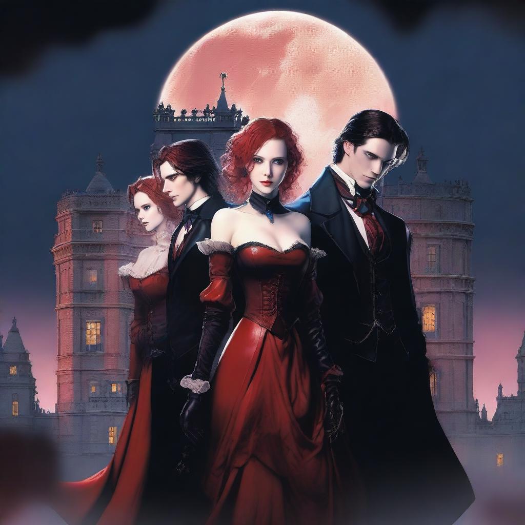 Two identical twin vampire brothers, one in a tailored suit with piercing red eyes, the other in rugged leather with intense blue eyes, flank a red-haired human female in a tattered maid costume