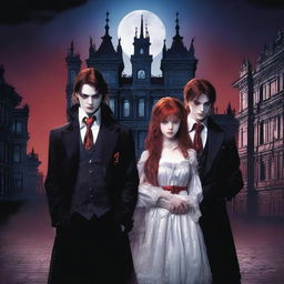 Two identical twin vampire brothers, one in a tailored suit with piercing red eyes, the other in rugged leather with intense blue eyes, flank a red-haired human female in a tattered maid costume