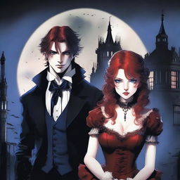 Two identical twin vampire brothers, one in a tailored suit with piercing red eyes, the other in rugged leather with intense blue eyes, flank a red-haired human female in a tattered maid costume