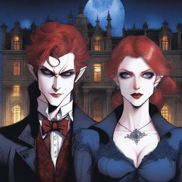 A detailed illustration of two identical twin vampire brothers