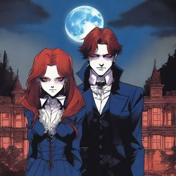 A detailed illustration of two identical twin vampire brothers