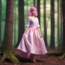 A professional full body portrait of Stephanie with pink hair and a pink ribbon skirt, resembling Julianna Rose Mauriello