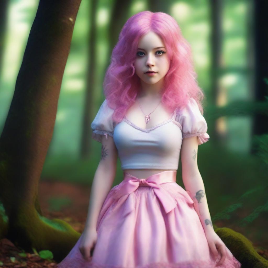 A professional full body portrait of Stephanie with pink hair and a pink ribbon skirt, resembling Julianna Rose Mauriello