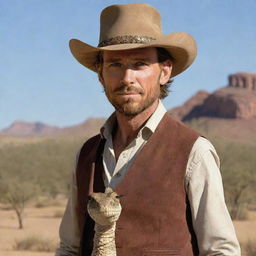 Imagine Rattlesnake Jake from 'Rango' as a human, maintaining his intimidating aura via distinctive features like mesmerizing, slitted snake-like eyes, while adopting a human form with rugged, western cowboy attire.