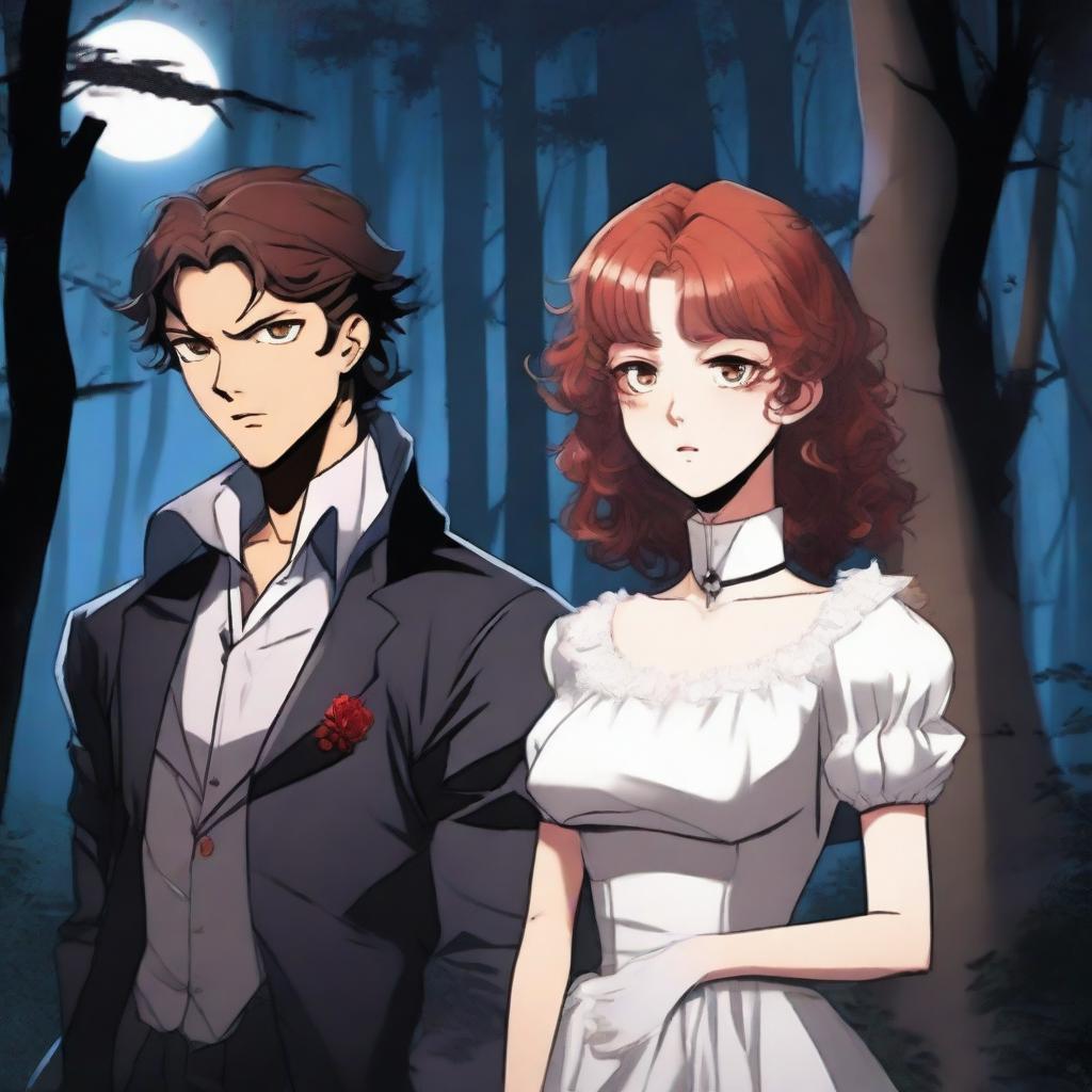 In a modern setting, a young woman maid with curly red hair stands next to a young vampire with short black hair and red eyes