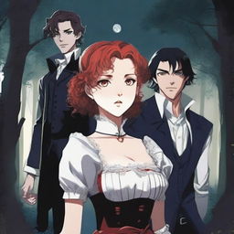 In a modern setting, a young woman maid with curly red hair stands next to a young vampire with short black hair and red eyes