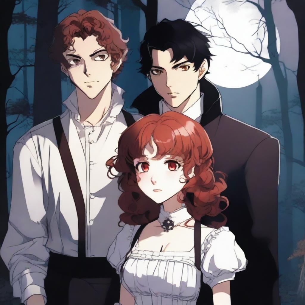 In a modern setting, a young woman maid with curly red hair stands next to a young vampire with short black hair and red eyes