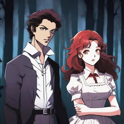 In a modern setting, a young woman maid with curly red hair stands next to a young vampire with short black hair and red eyes