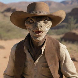 Imagine Rattlesnake Jake from 'Rango' as a human, maintaining his intimidating aura via distinctive features like mesmerizing, slitted snake-like eyes, while adopting a human form with rugged, western cowboy attire.