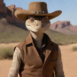 Imagine Rattlesnake Jake from 'Rango' as a human, maintaining his intimidating aura via distinctive features like mesmerizing, slitted snake-like eyes, while adopting a human form with rugged, western cowboy attire.