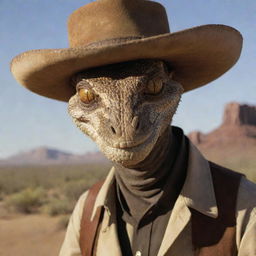 Imagine Rattlesnake Jake from 'Rango' as a human, maintaining his intimidating aura via distinctive features like mesmerizing, slitted snake-like eyes, while adopting a human form with rugged, western cowboy attire.