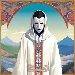 A tall man in a white cloak, wearing a mask with a painted face