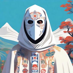 A tall man in a white cloak, wearing a mask with a painted face