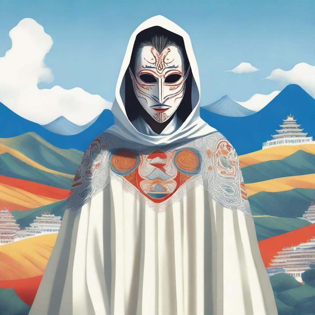 A tall man in a white cloak, wearing a mask with a painted face