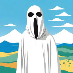 A tall man in a white cloak, wearing a mask that looks like a child's drawing of a face