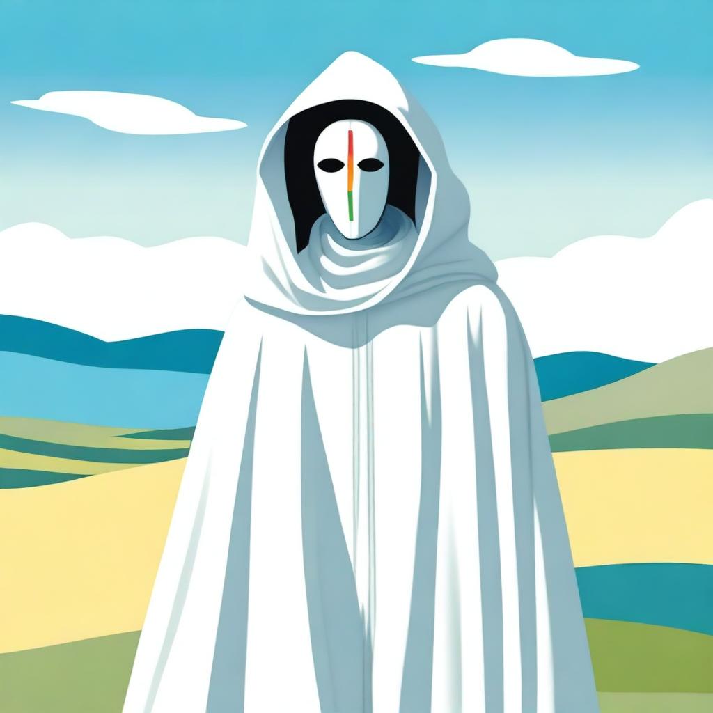 A tall man in a white cloak, wearing a continuous mask with two circle eyes, one larger and the other smaller