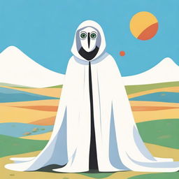 A tall man in a white cloak, wearing a continuous mask with two circle eyes, one larger and the other smaller