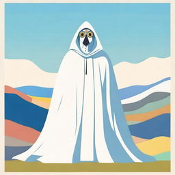 A tall man in a white cloak, wearing a continuous mask with two circle eyes, one larger and the other smaller