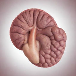 Illustration of a medical diagram showing a pheochromocytoma, a rare tumor of the adrenal glands, featuring the internals of the organ and the tumor. Visualize it in a realistic, medically accurate style.