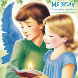 Crie uma capa de livro mostrando a amizade de um menino de 7 anos com um anjo que visita o seu quarto toda noite