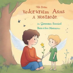 Crie uma capa de livro mostrando a amizade de um menino de 7 anos com um anjo que visita o seu quarto toda noite